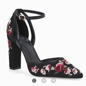 White House Black Market Black Embroidery Heels